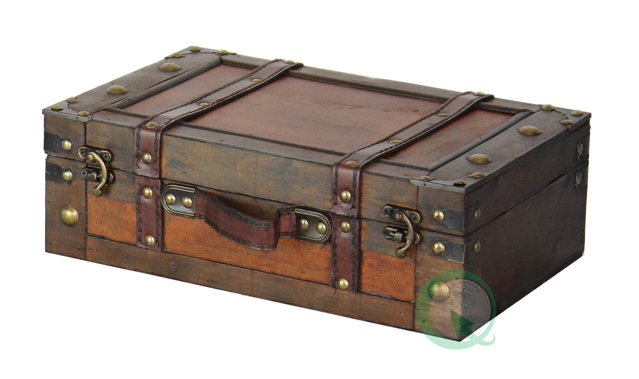 Wooden Vintage Luggage Trunks - Antique Carry-on Suitcase Storage Box with Hinged Lids, Old-Fashioned Decorative Box